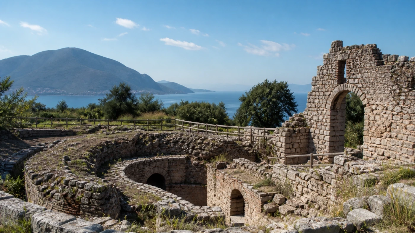Fotorealistyczna ilustracja podróżnicza: Nie tylko Butrint, top stanowiska archeologiczne w pobliżu Sarandy