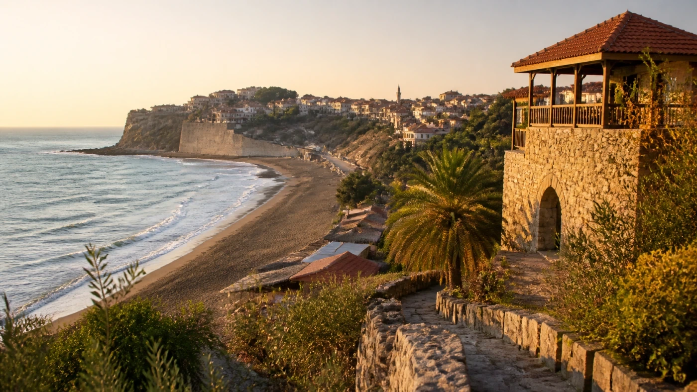 Fotorealistyczna ilustracja podróżnicza: Słynna plaża i orientalny klimat w Czarnogórze? Ulcinj