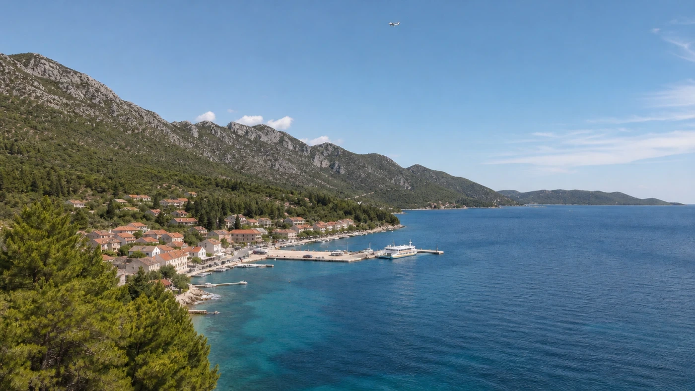 Fotorealistyczna ilustracja podróżnicza: Samolotem do Chorwacji? Trpanj na półwyspie Pelješac.