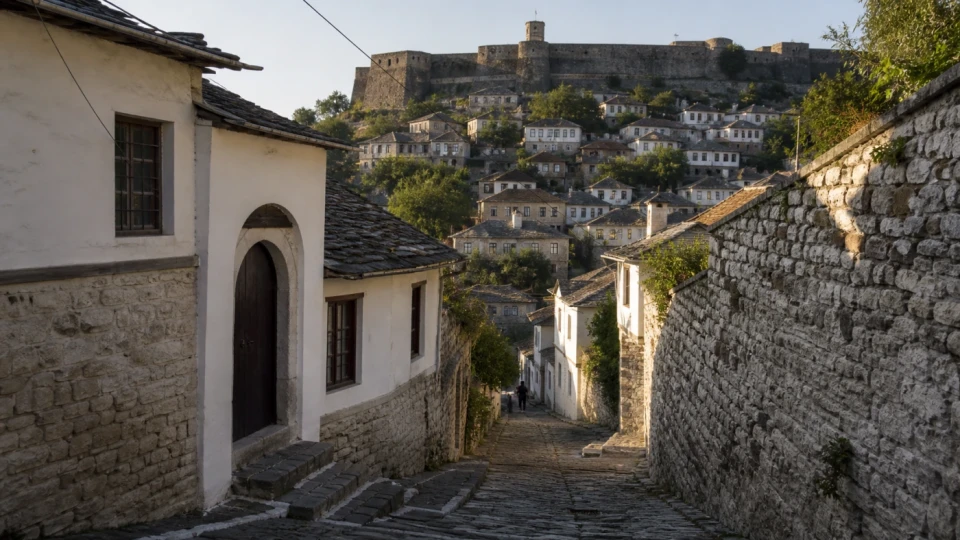 Fotorealistyczna ilustracja podróżnicza: Miasto Tysiąca Schodów – Gjirokastra