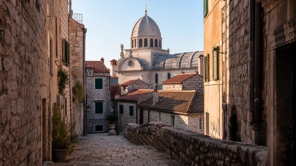 Fotorealistyczna ilustracja podróżnicza: Szybenik, miasto pełne zabytków