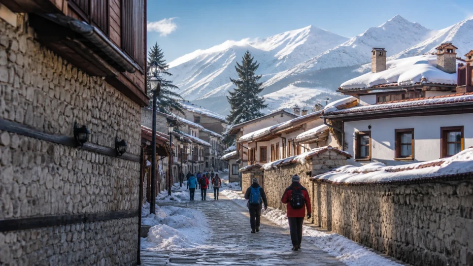 Fotorealistyczna ilustracja podróżnicza: Bansko zimą – narty, atrakcje i zabytki kurortu
